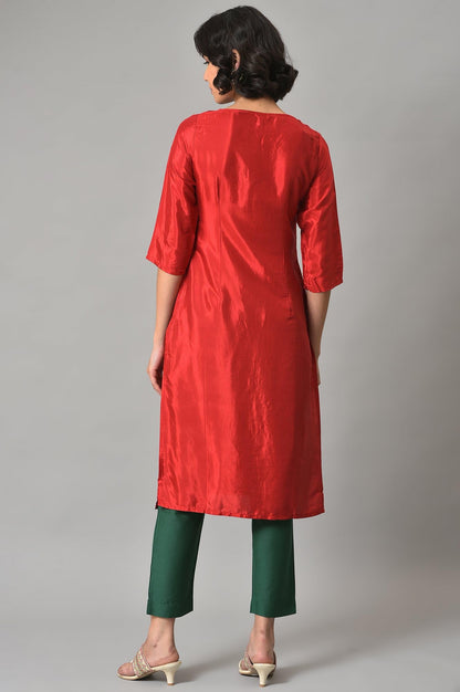 W For Woman Red Embroidered Regular Kurta With Glitter Accents
