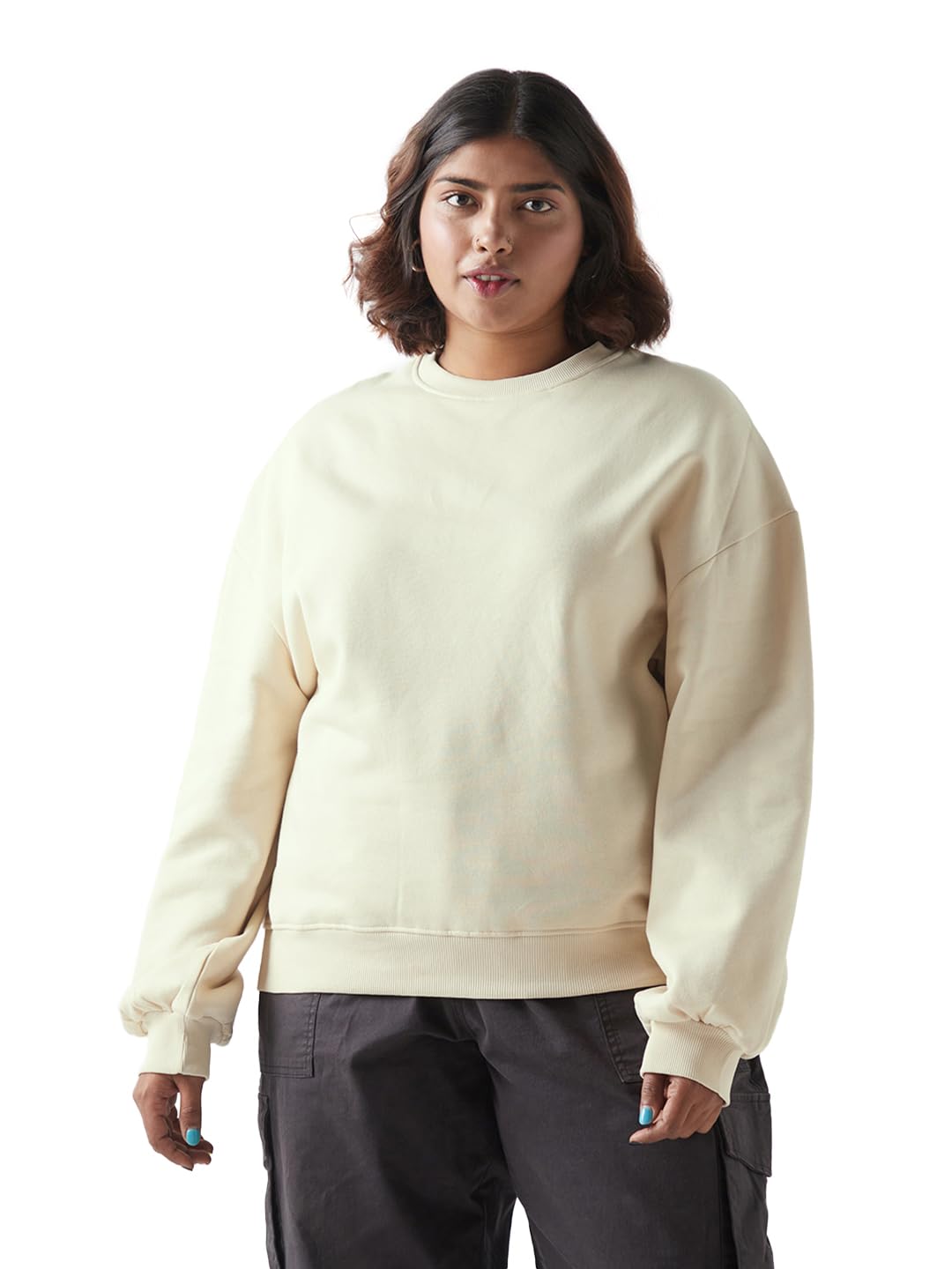 Bewakoof Womens Solid Oversized Fit Full Sleeve Round Neck Fleece Blend Plus Size Sweatshirt_641028_Beige_4XL