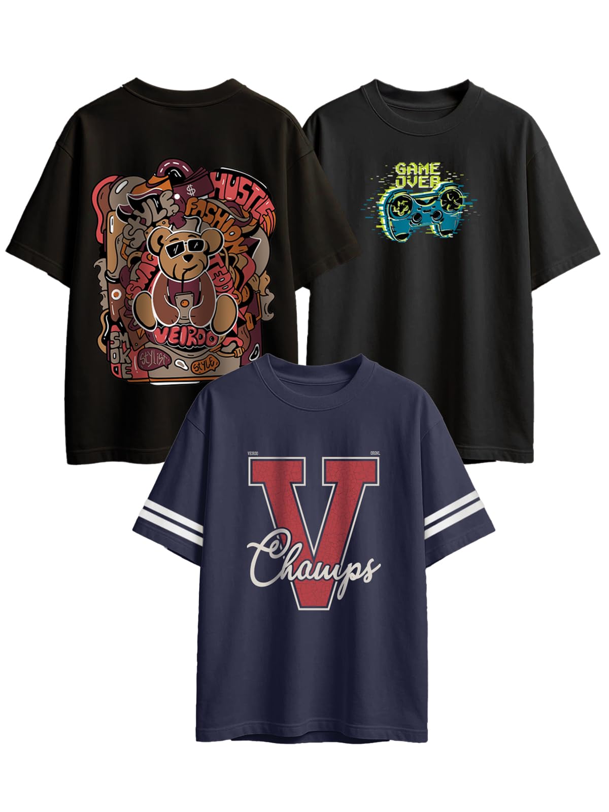 Veirdo 100% Cotton Oversized Baggy Fit Round Neck Graphic Printed Short Sleeve T-Shirt Combo