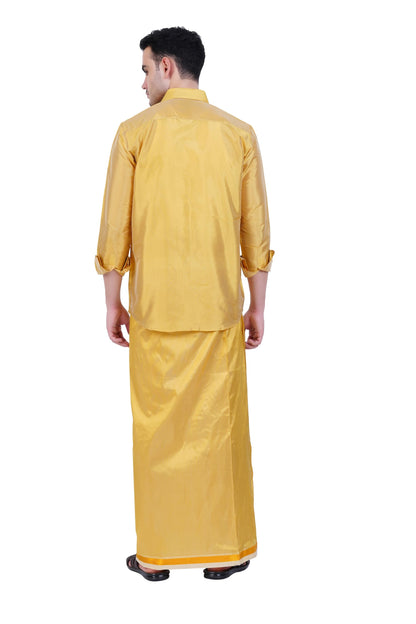 Prakasam Cotton-Mens Art Silk Wedding Set/Art Silk 8 Mulam (8-Yard) Dhoti And Stitched Half Sleeve Shirt