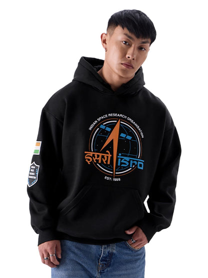 The Souled Store ISRO: Logo Men and Boys Long Sleeve Black Graphic Print Hooded Neck Oversized Fit Hoodies Oversized Hoodies Swe