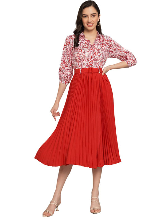 Kzully | Elegant A-Line Dress: Collared V-Neck Top, Pleated Skirt With Elastic Waist, Includes Belt