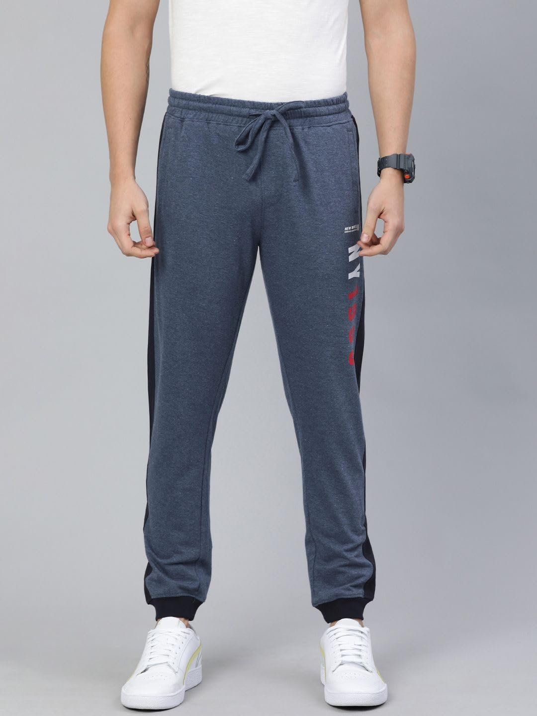 The Indian Garage Co Men Slim Fit Solid Mid-Rise Knitted Joggers Navy Blue