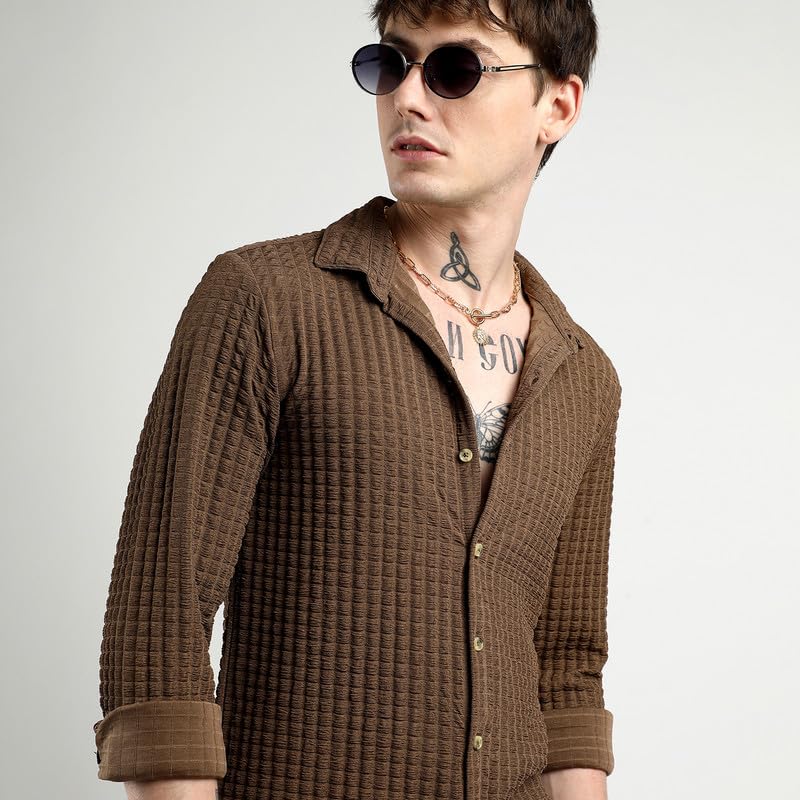 Campus Sutra Mens Chocolate Brown Cube-Textured Shirt for Casual Wear | Spread Collar | Long Sleeve | Button Closure | Shirt Cr