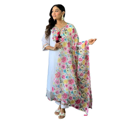 Naixa WomenS Off White Chanderi With Cotton Lining Embroidered Straight Kurta With Chanderi Silk Pant And Crep Silk Printed Dup