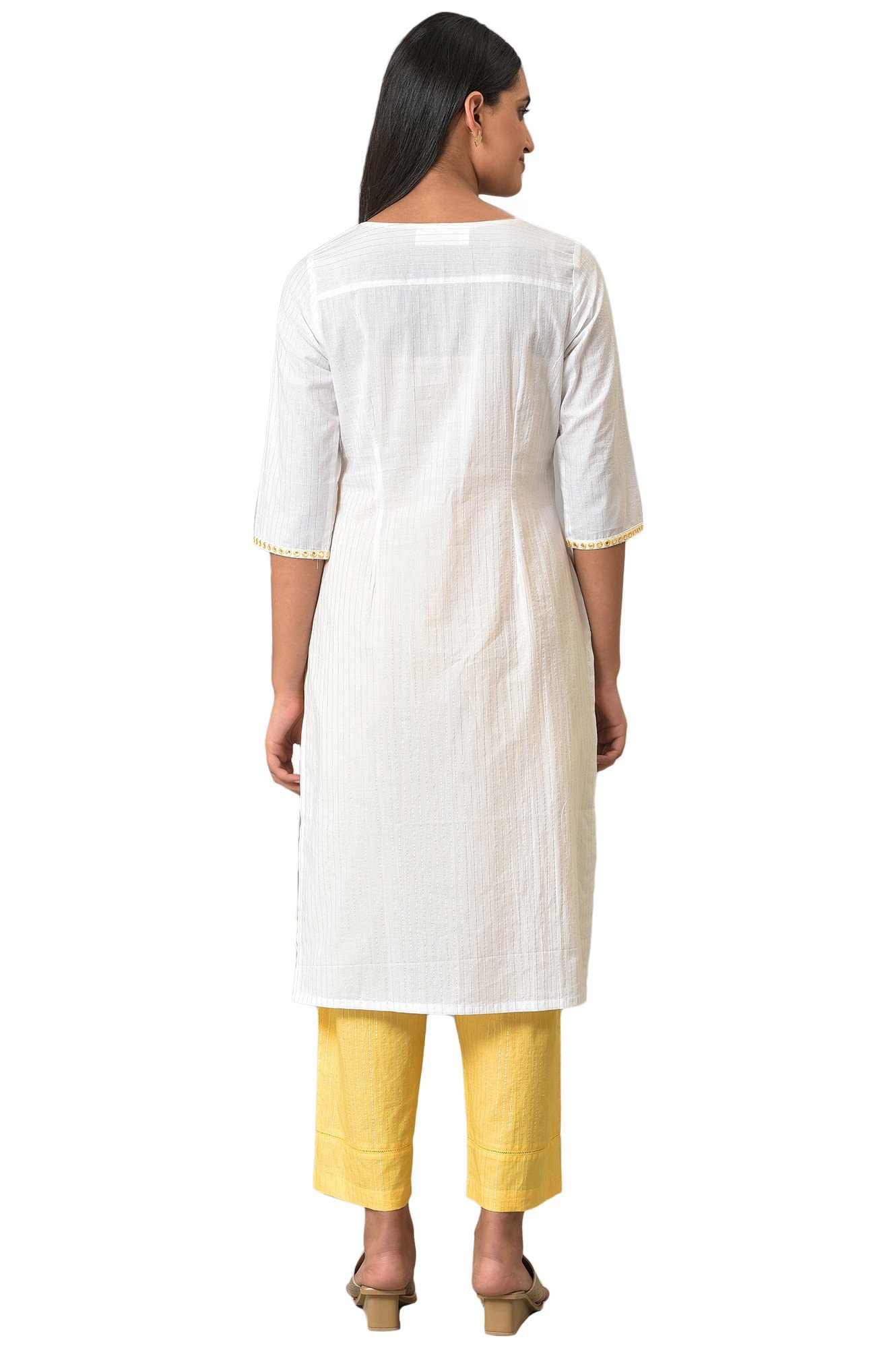 Aurelia Womens White Embellished Cotton Straight Long Kurta