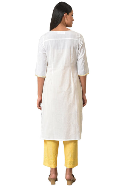Aurelia Womens White Embellished Cotton Straight Long Kurta