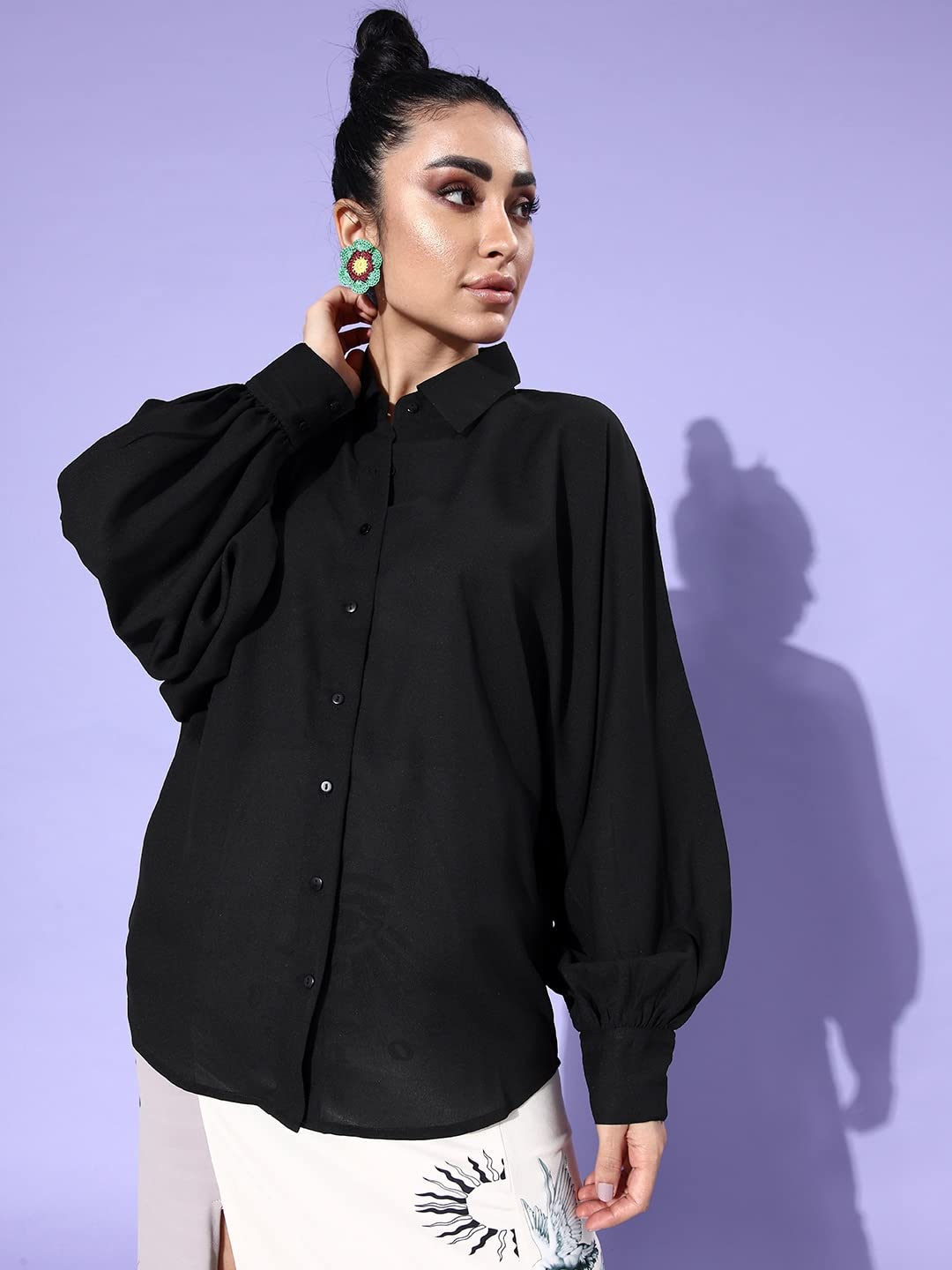 Style Quotient Women Solid Black Polyester Smart Casual Oversized Shirt