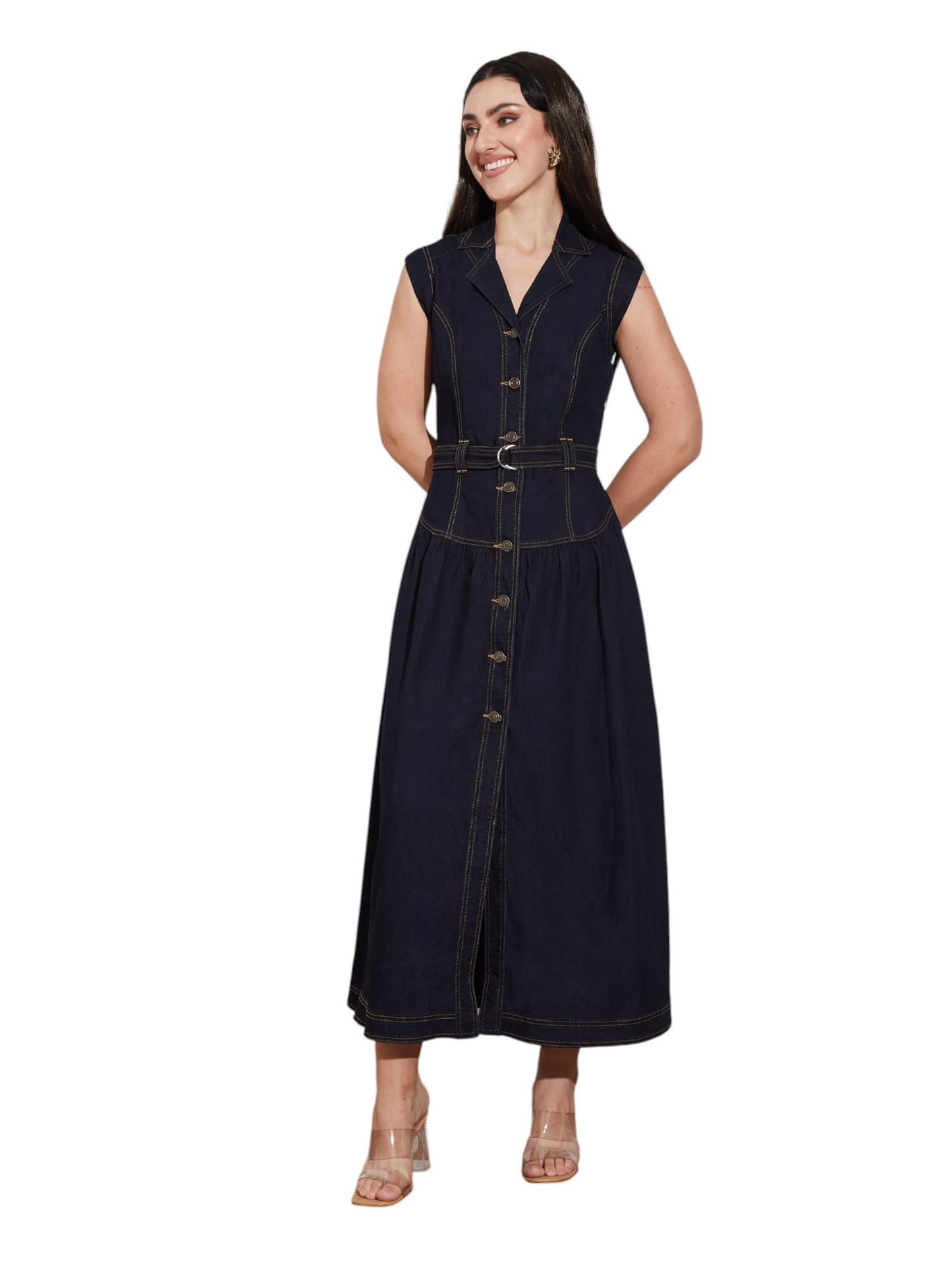 Miss Chase Womens Notched-Collar Sleeveless Solid Drop Waist Maxi-Length Light Weight Denim Shirt Dress (MCSS25DEN68-59-327-06,