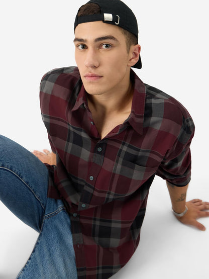 The Souled Store Plaid: Red/Grey Long Sleeve Collared Neck Button Down Cotton Relaxed Fit Shirts for Men and Boys - Classic and