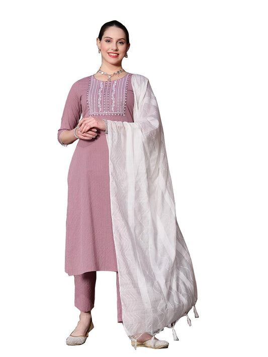 Stylum Women's Kantha Work & Embroidered Cotton Straight Kurta Pant Dupatta Set (KPDMAUVEKULLU_Mauve)