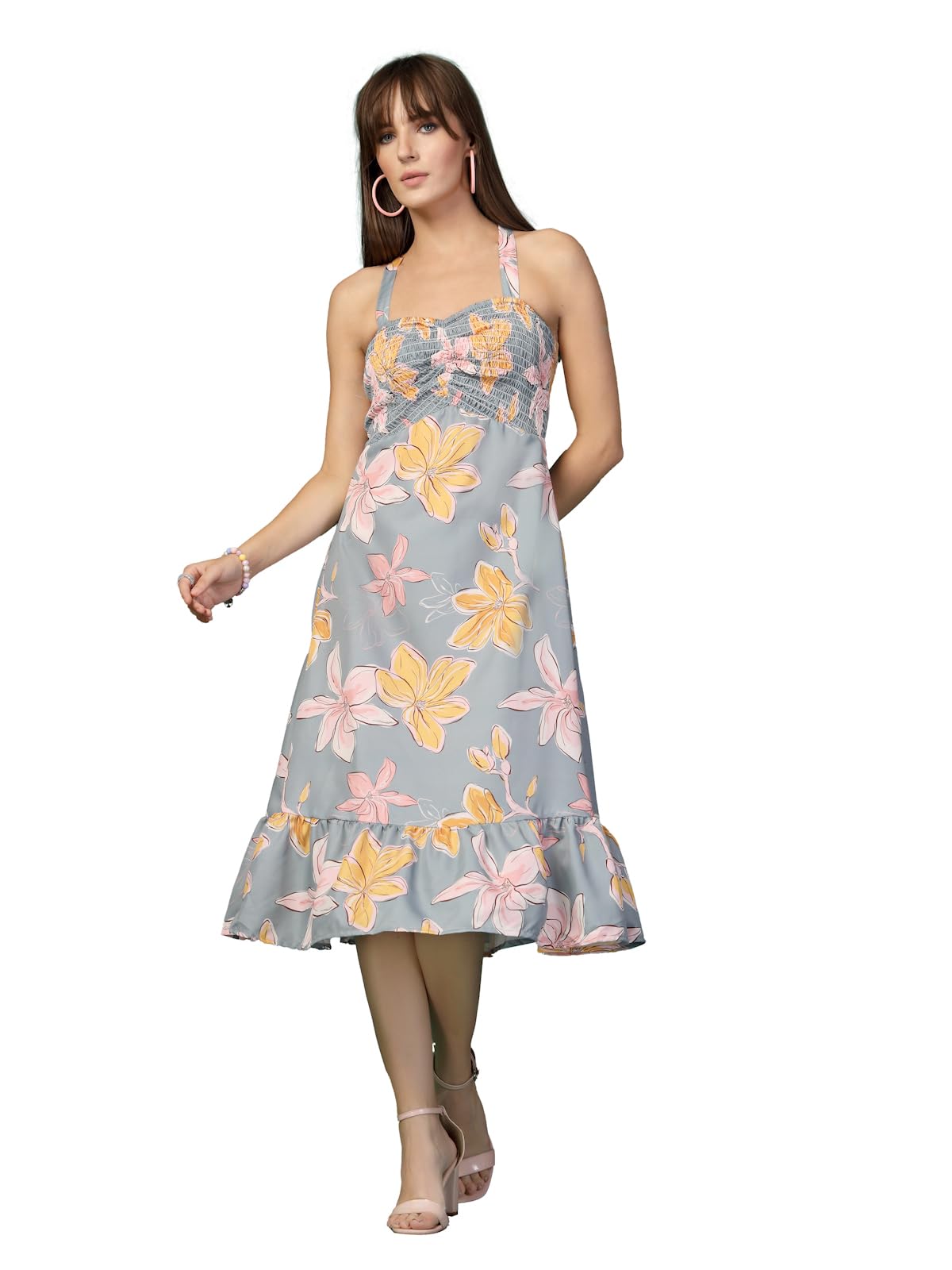 Oomph! WomenS Western & Fusion Wear Printed Crepe Dress For Women, Smocked Bodice, Grey - Md1055