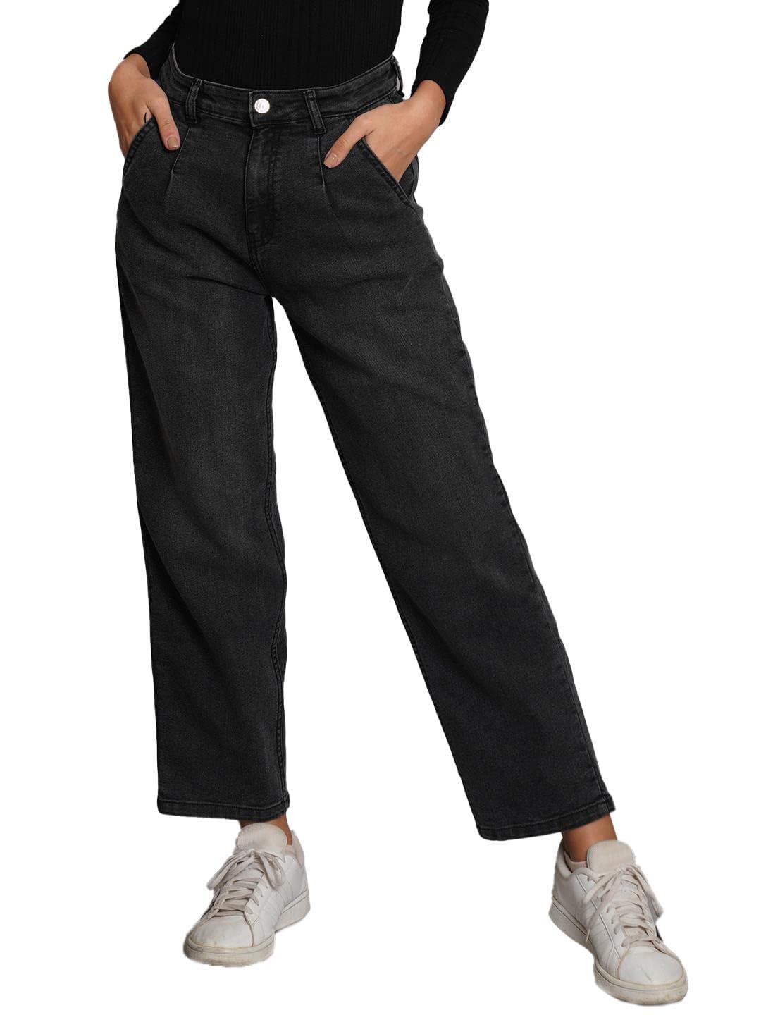 Kotty WomenS High Rise Cotton Lycra Blend Ankle Length Relaxed Fit Jeans Jade Black