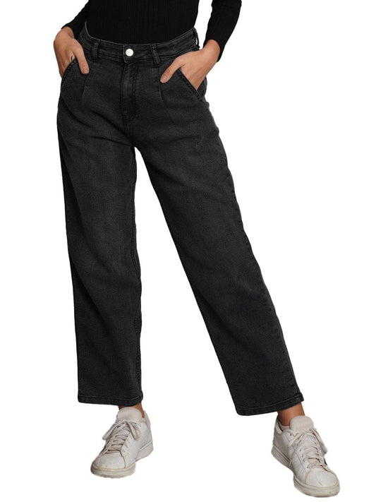 Kotty WomenS High Rise Cotton Lycra Blend Ankle Length Relaxed Fit Jeans Jade Black
