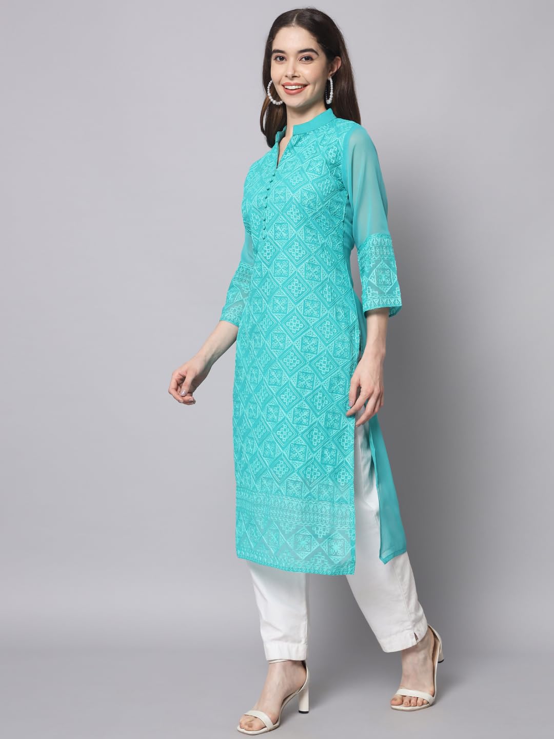 Ekasya WomenS Georgette Straight Cut Notch Neck Kurta With Beautiful Embroidery Work (E1547) Sea Green