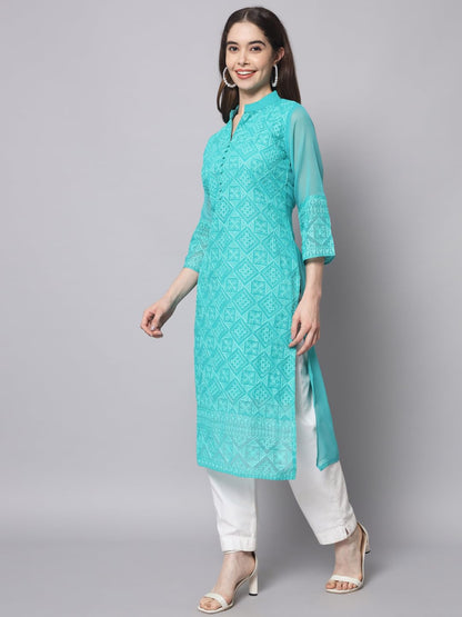 Ekasya WomenS Georgette Straight Cut Notch Neck Kurta With Beautiful Embroidery Work (E1547) Sea Green