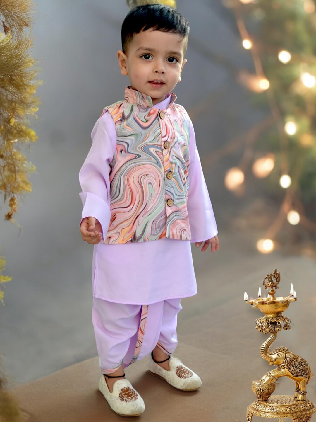 A.T.U.N. (All Things Uber Nice) Boys Mauve Kurta Dhoti With Swirl Printed Nehru Jacket (3 Piece Set)