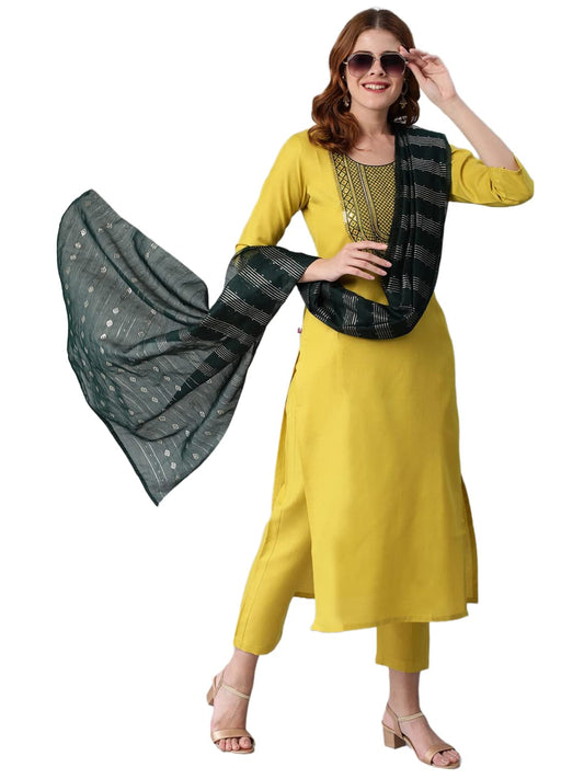 GoSriKi Women's Cotton Blend Solid Straight Kurta with Pant & Dupatta (RATAR-MAHENDI-GS)