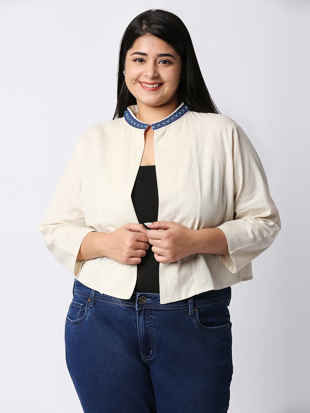Style Quotient Women Off White and Blue Solid Cotton Open Front Smart Casual Shrug