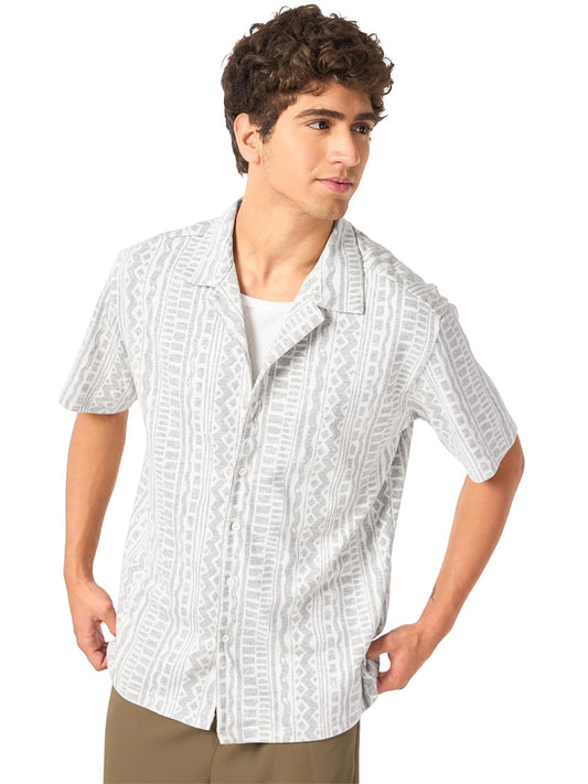 Bewakoof MenS Textured Oversized Fit Half Sleeve Resort Collar Jacquard Shirt_685469_Off White_Xl