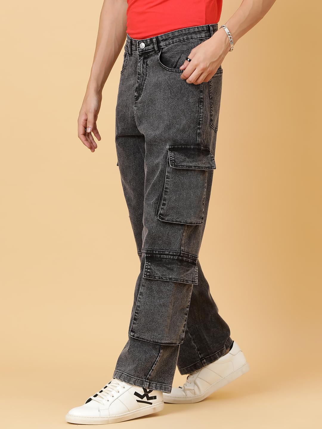 Kotty MenS Solid Mid Rise Straight Fit Stylish Looking Cargo Jeans(Grey,28)