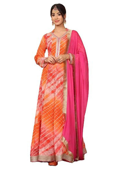 Varanga Woven Leheriya V-Neck Lace Embellished Anarkali Kurta With Dupatta  Elegant Orange And Pink Leheriya Print, Lace Detaili