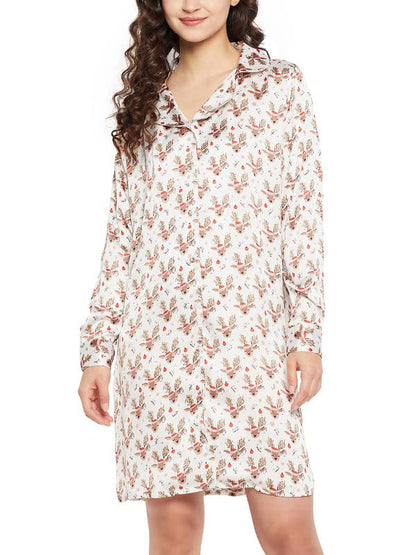 Clovia Womens Satin Christmas Print Button Down Sleep Shirt (NS1392R18_White_M)