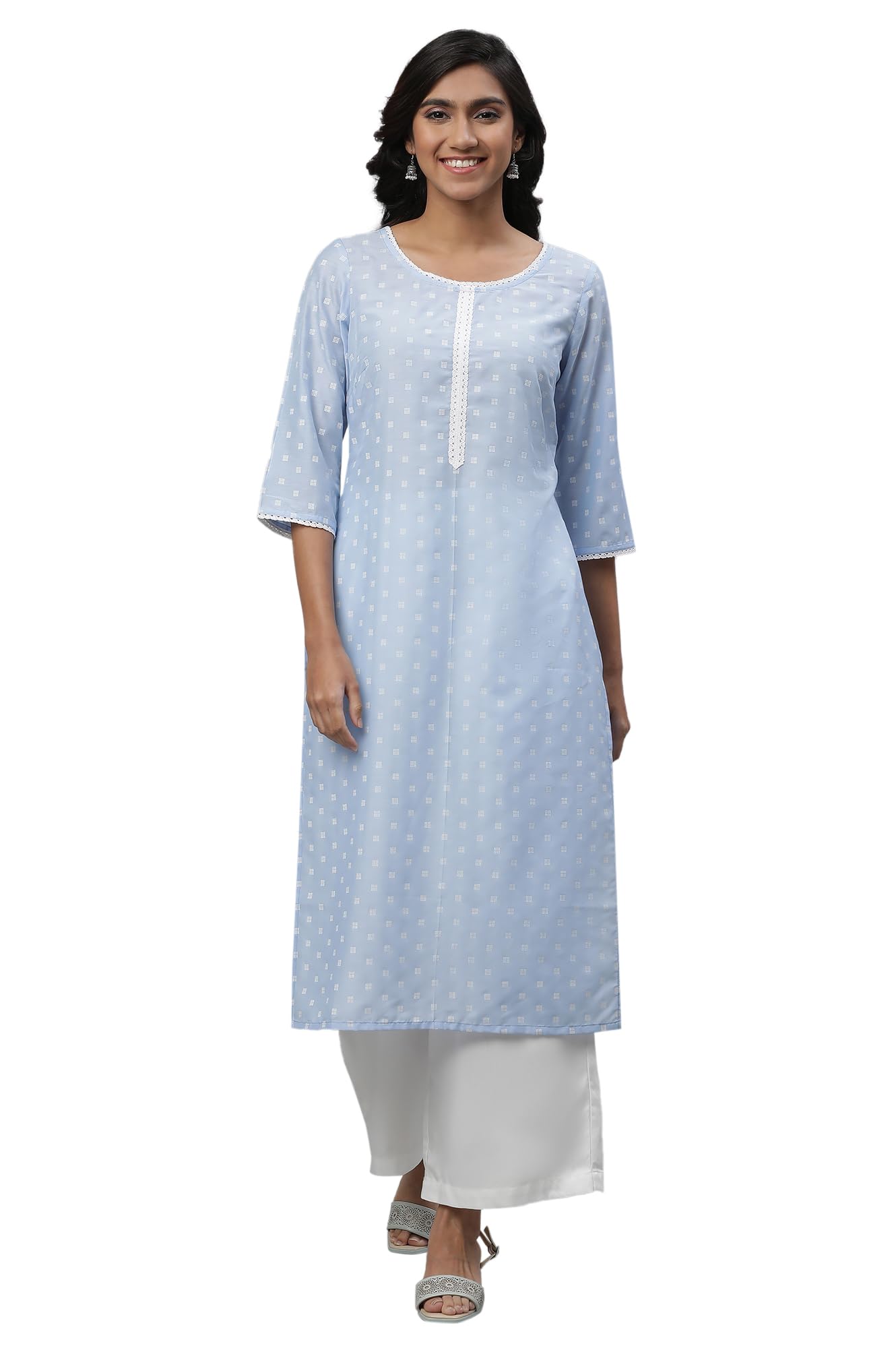 Aurelia Women's Chambray Blue Floral Printed Viscose Straight Kurta