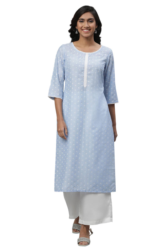 Aurelia Women's Chambray Blue Floral Printed Viscose Straight Kurta