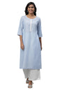 Aurelia Women's Chambray Blue Floral Printed Viscose Straight Kurta
