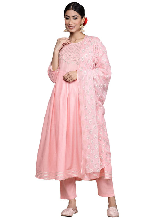 ishin Women's Pink Zari Sequinned Pure Cotton Anarkali Kurta Suit Set with Trousers & Dupatta