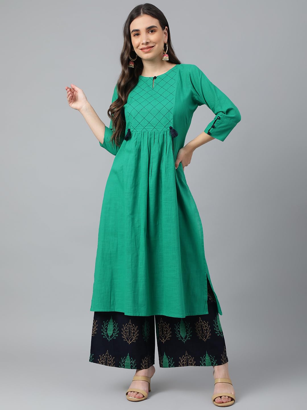 Idalia Rama Green And Navy Blue Cotton Kurta Set