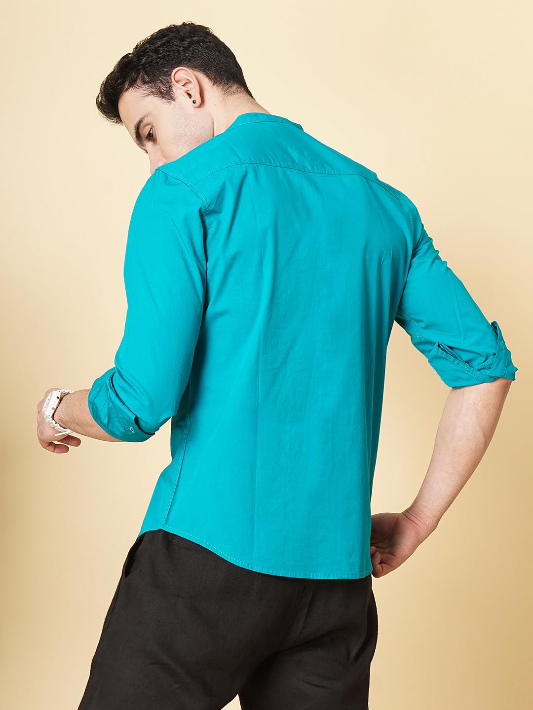The Indian Garage Co Blue Regular Fit Mandarin Collar Solid Long Sleeves Shirt