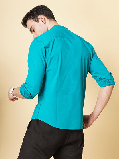 The Indian Garage Co Blue Regular Fit Mandarin Collar Solid Long Sleeves Shirt
