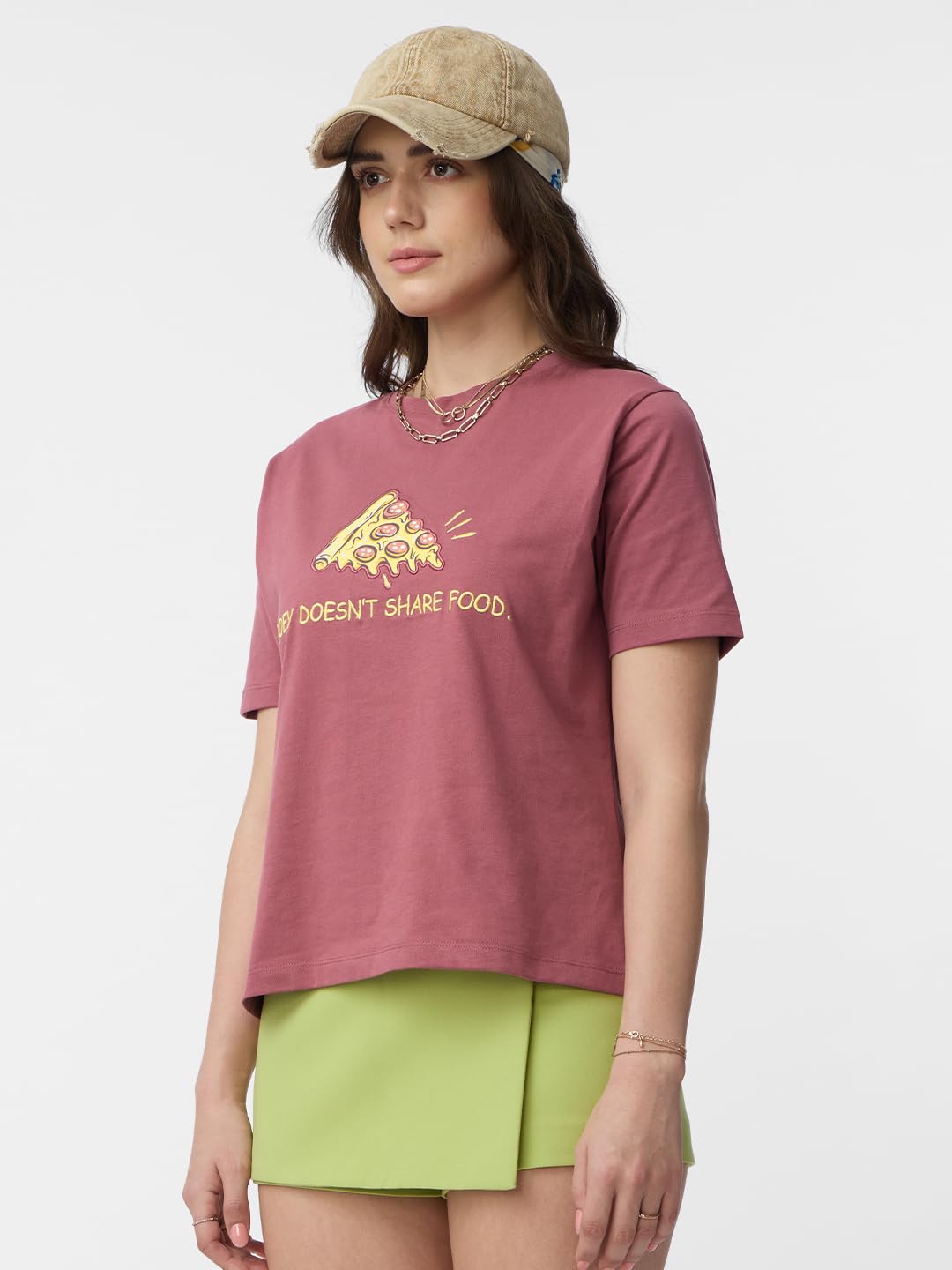 The Souled Store Friends: Joeys Pizza Women and Girls Short Sleeves Round Neck Pink Embroidered Cotton Relaxed Fit T-Shirts