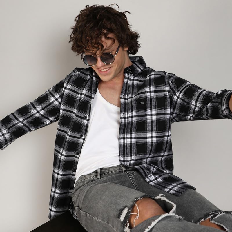 Campus Sutra Mens Midnight Black & Chalk White Brushed Buffalo Check Shirtfor Casual Wear | Spread Collar | Long Sleeve | Butto