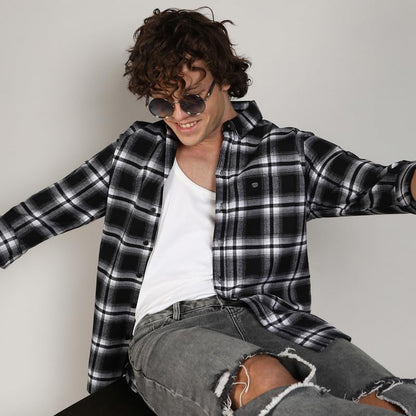 Campus Sutra Mens Midnight Black & Chalk White Brushed Buffalo Check Shirtfor Casual Wear | Spread Collar | Long Sleeve | Butto