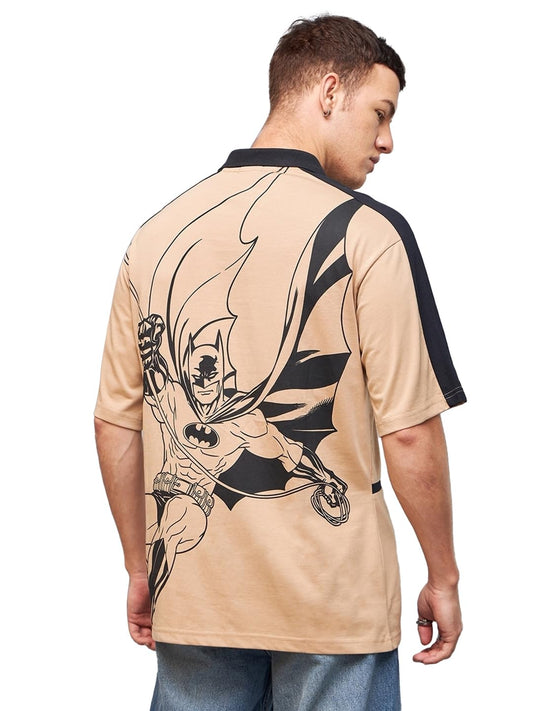 Bewakoof Official DC Merchandise Mens Graphic Printed Oversized Fit Half Sleeve Polo Cotton Jersey T-Shirt 616986 Brown_M