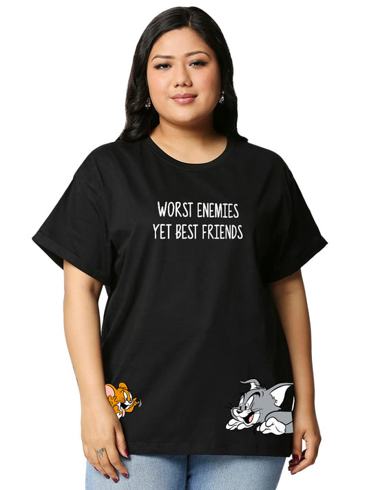 Bewakoof Official Tom & Jerry Merchandise Womens Graphic Print Boyfriend Fit Half Sleeve Round Neck Cotton Plus Size T-Shirt_63