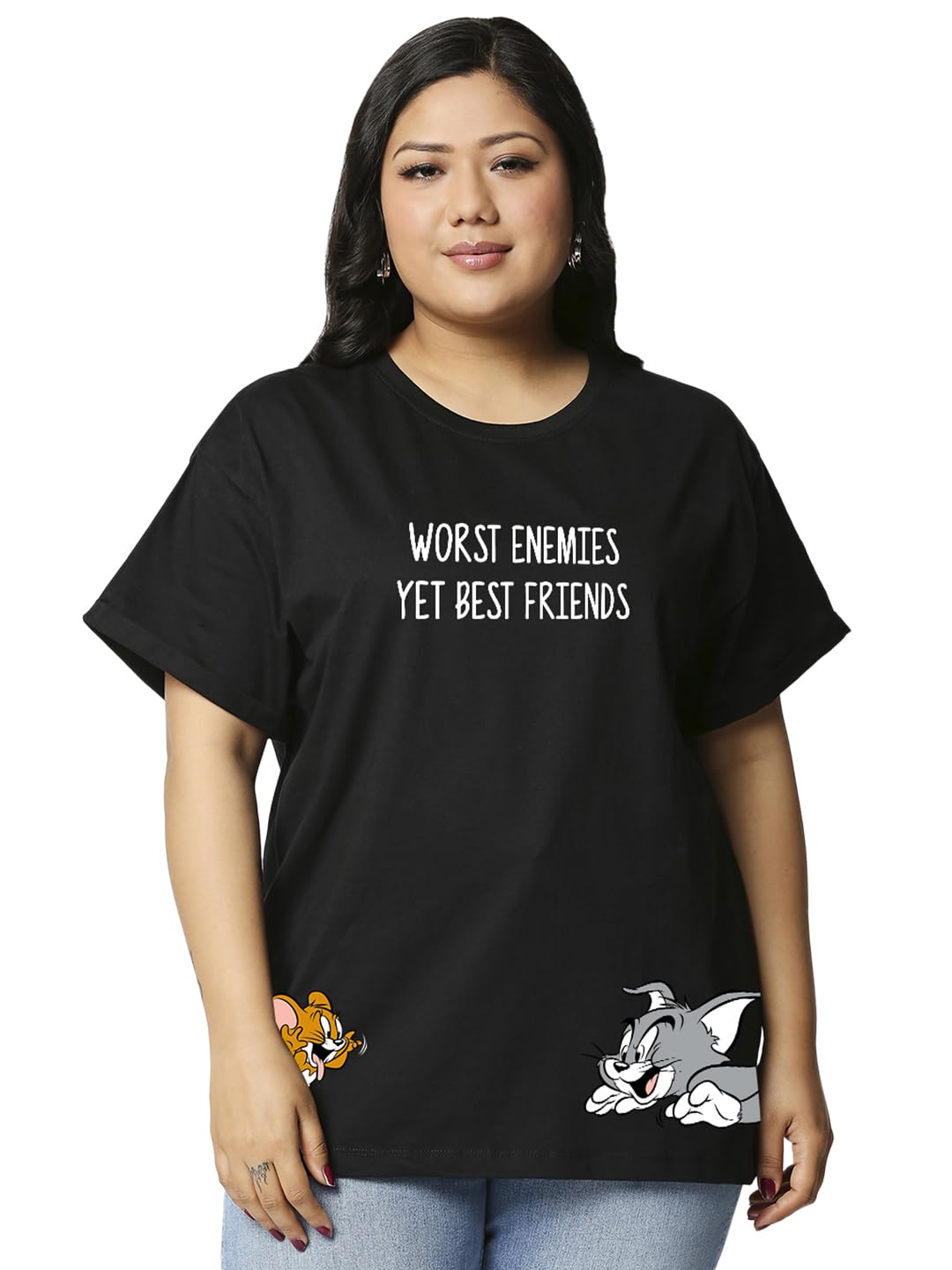 Bewakoof Official Tom & Jerry Merchandise WomenS Graphic Print Boyfriend Fit Half Sleeve Round Neck Cotton Plus Size T-Shirt_634