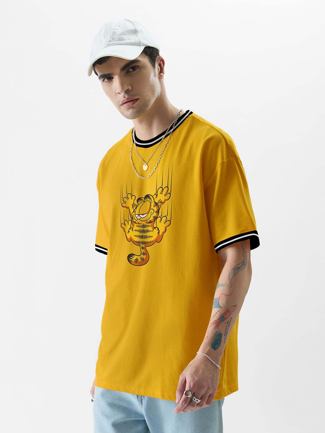 The Souled Store|Garfield Clingy Round Neck Mens and Boys T-Shirt|Graphic Printed Half Sleeve|100% Cotton Oversized|Yellow Color