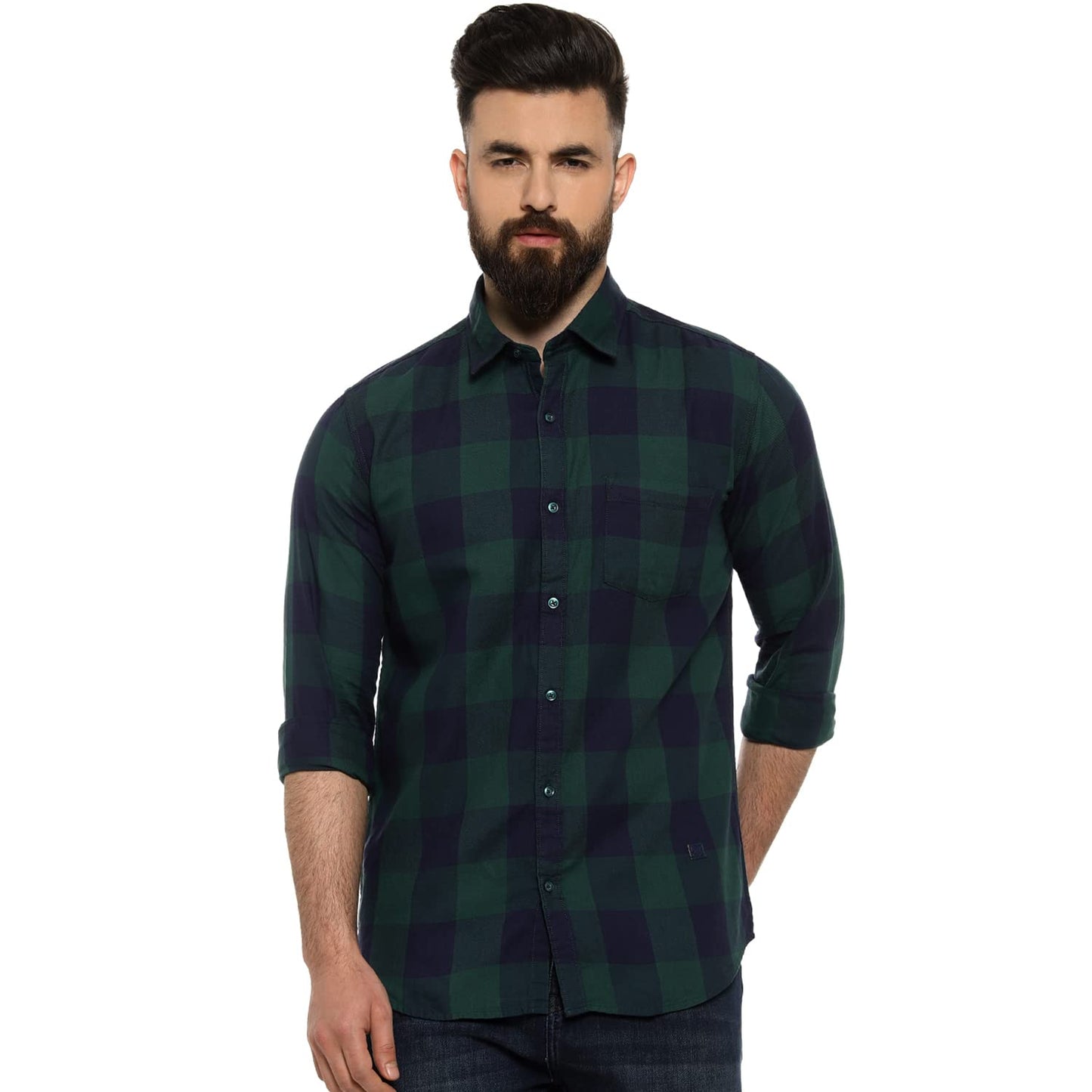 Campus Sutra Mens Regular Fit Full Sleeve Shirt for Casual Wear |Blue|Green|Chequered|Front Spread Collar|Shirt Crafted with Co