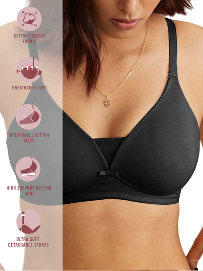 NYKD Womens Cotton Lightly Padded Seamless Wire Free Everyday T-Shirt Bra for Women Daily Use Wireless, 3/4th Coverage - Bra, N