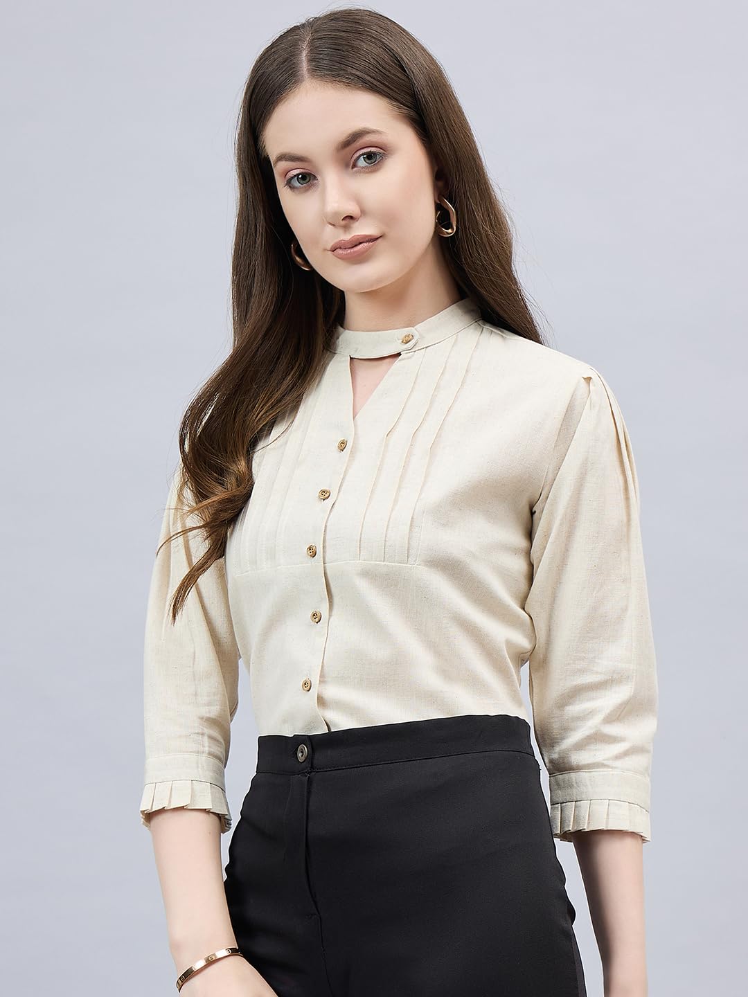 Style Quotient Women Solid Beige Linen Puff Sleeve Rrgular Formal Shirt