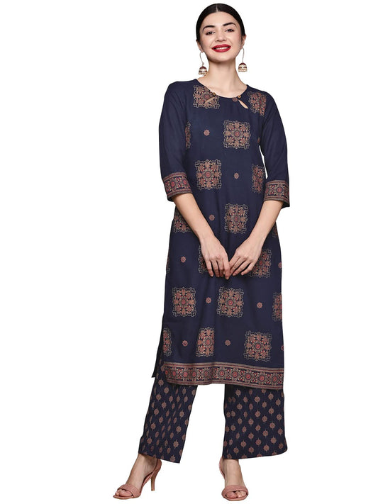 Ziyaa Women's Navy Blue Rayon Straight Kurta And Palazzo Set(ZIKURY3718ANDPL)