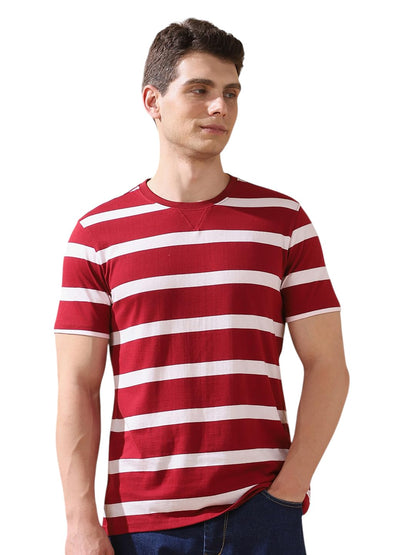 Dennis Lingo Cabernet Stripes Round Neck Half Sleeves Regular Fit T-Shirts For Men
