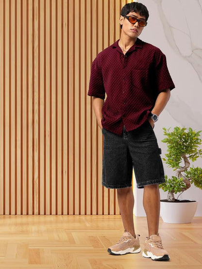 Tee Projekt Mens Regular Fit Popcorn Shirt Half Sleeve Spraed Collar Shirt Maroon