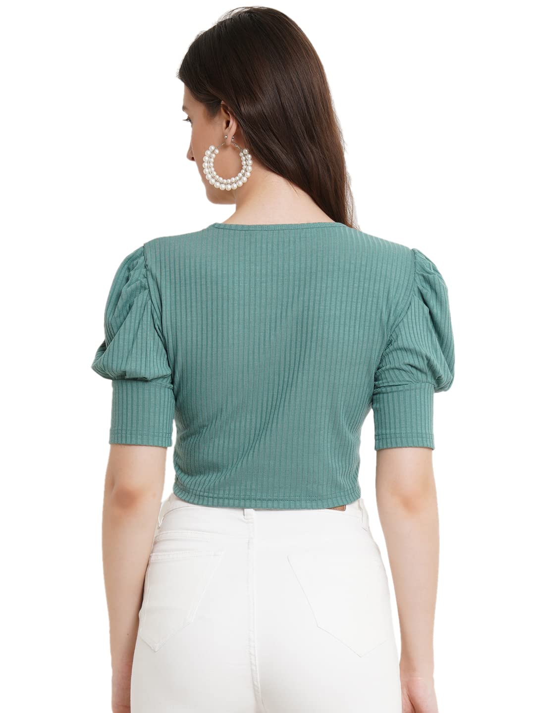 POPWINGS Solid Ribbed Slim Fit Crop Tops for Women | Polycotton Stylish Western 3/4 Puff Sleeves Casual and Summer Crop Tops for