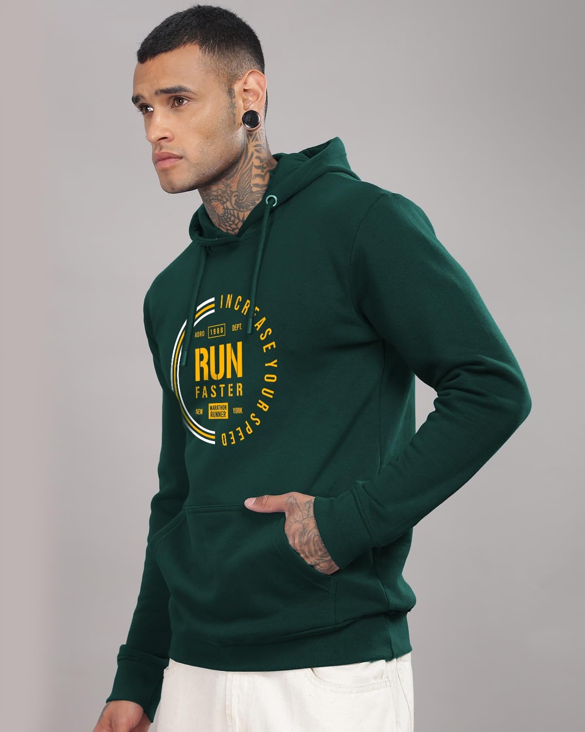 ADRO Men's Cotton Neck Hooded Sweatshirt (H24-FAST-GRN_Green