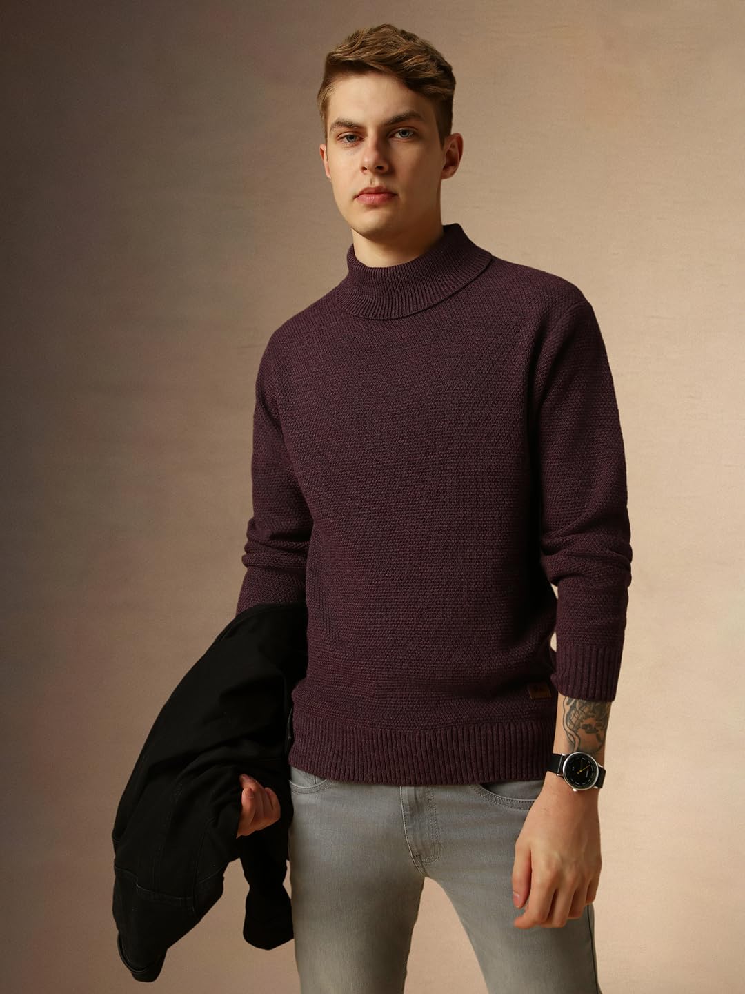 Dennis Lingo Men Purple Solid Slim Fit Full Sleeve Turtle Neck Pullover Sweater